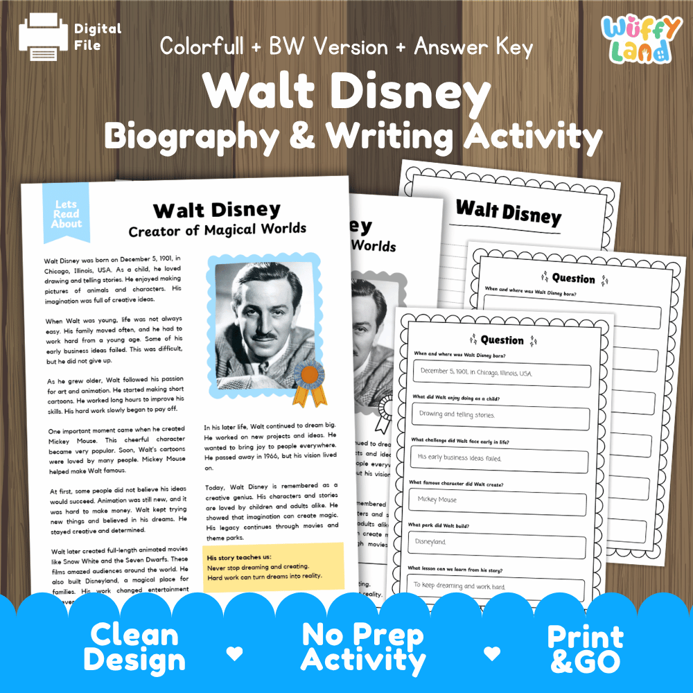 Walt Disney Biography & Writing Activity digital download printable worksheet set, featuring a colorful and black-and-white version with an answer key, displayed on a wooden background with a 'Uffy Land' brand logo.