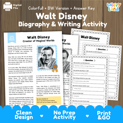 Walt Disney Biography & Writing Activity digital download printable worksheet set, featuring a colorful and black-and-white version with an answer key, displayed on a wooden background with a 'Uffy Land' brand logo.