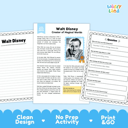 A printable educational activity sheet set about Walt Disney, shown as three overlapping worksheet pages on a light blue background with decorative blue wave banners at the bottom. The sheets include a title page, a fact panel, and a question section.