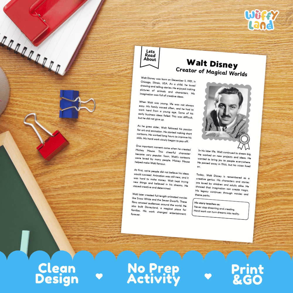A printed educational worksheet about Walt Disney is shown on a wooden desk with a spiral notebook, red binder clips, and a pen nearby. The sheet has a headline reading 'Walt Disney Creator of Magical Worlds,' a small portrait photo, and several paragraphs of text.