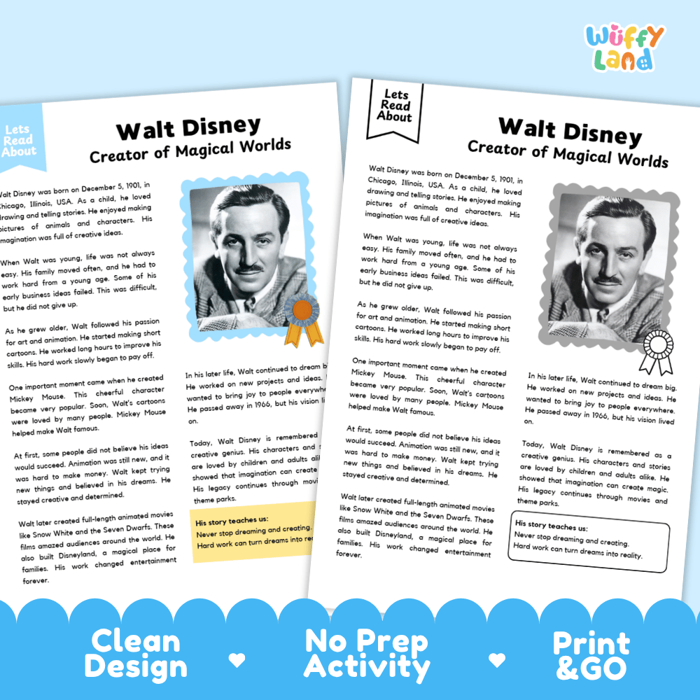 Two educational booklets about Walt Disney, titled 'Walt Disney Creator of Magical Worlds,' shown on a white background with a blue banner at the bottom reading 'Clean Design,' 'No Prep Activity,' and 'Print & GO.' The booklets have a clean white cover with black text, a portrait photo of Walt Disney, and small decorative icons.