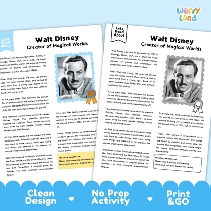 Two educational booklets about Walt Disney, titled 'Walt Disney Creator of Magical Worlds,' shown on a white background with a blue banner at the bottom reading 'Clean Design,' 'No Prep Activity,' and 'Print & GO.' The booklets have a clean white cover with black text, a portrait photo of Walt Disney, and small decorative icons.