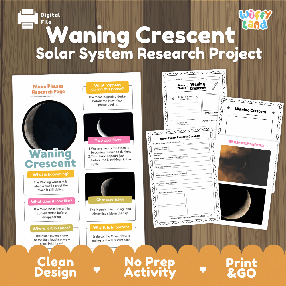 Digital download activity sheet set for a 'Waning Crescent Solar System Research Project' by Wiffly Land, featuring printable moon phase research pages and a solar system worksheet on a wood-grain background.