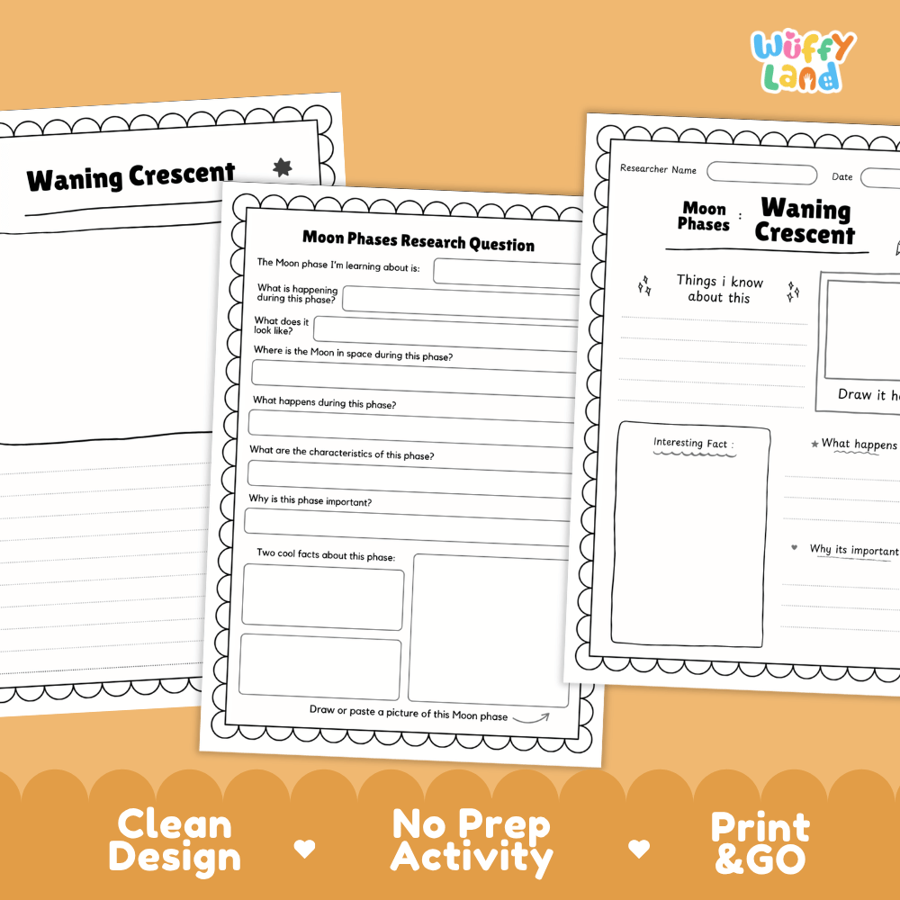 Waning Crescent Moon Solar System Research Project Worksheets and Fact Sheet