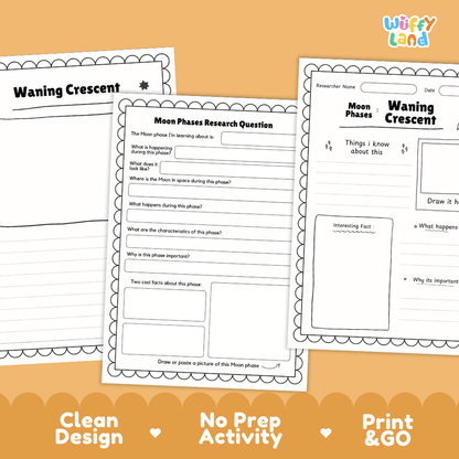 Waning Crescent Moon Solar System Research Project Worksheets and Fact Sheet