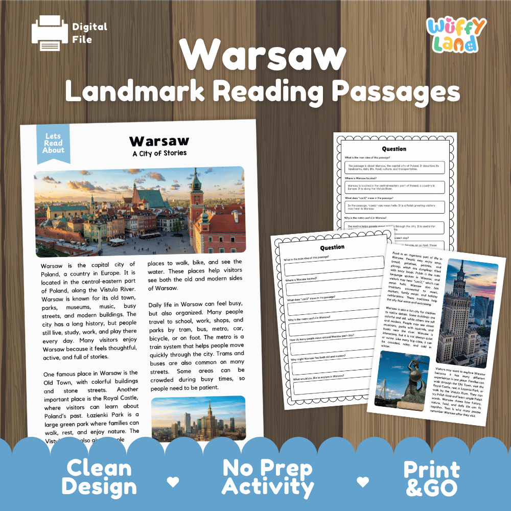 Warsaw landmark reading passage and comprehension worksheet educational unit featuring nonfiction text and authentic Polish Old Town architecture photography
