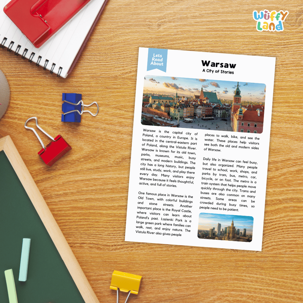 Lined reading comprehension question worksheet covering main ideas vocabulary terms and landmark facts about Warsaw Poland
