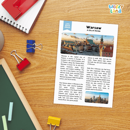 Lined reading comprehension question worksheet covering main ideas vocabulary terms and landmark facts about Warsaw Poland