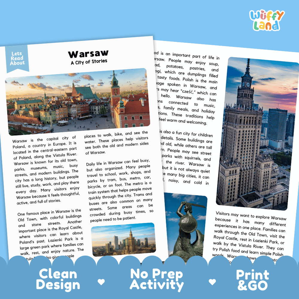 Reference sheet and answer key for Warsaw landmark reading passage displaying completed comprehension answers and European geography facts