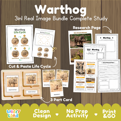 Warthog 3-in-1 real image bundle complete study cover showing cut and paste life cycle, 3 part cards, and research pages