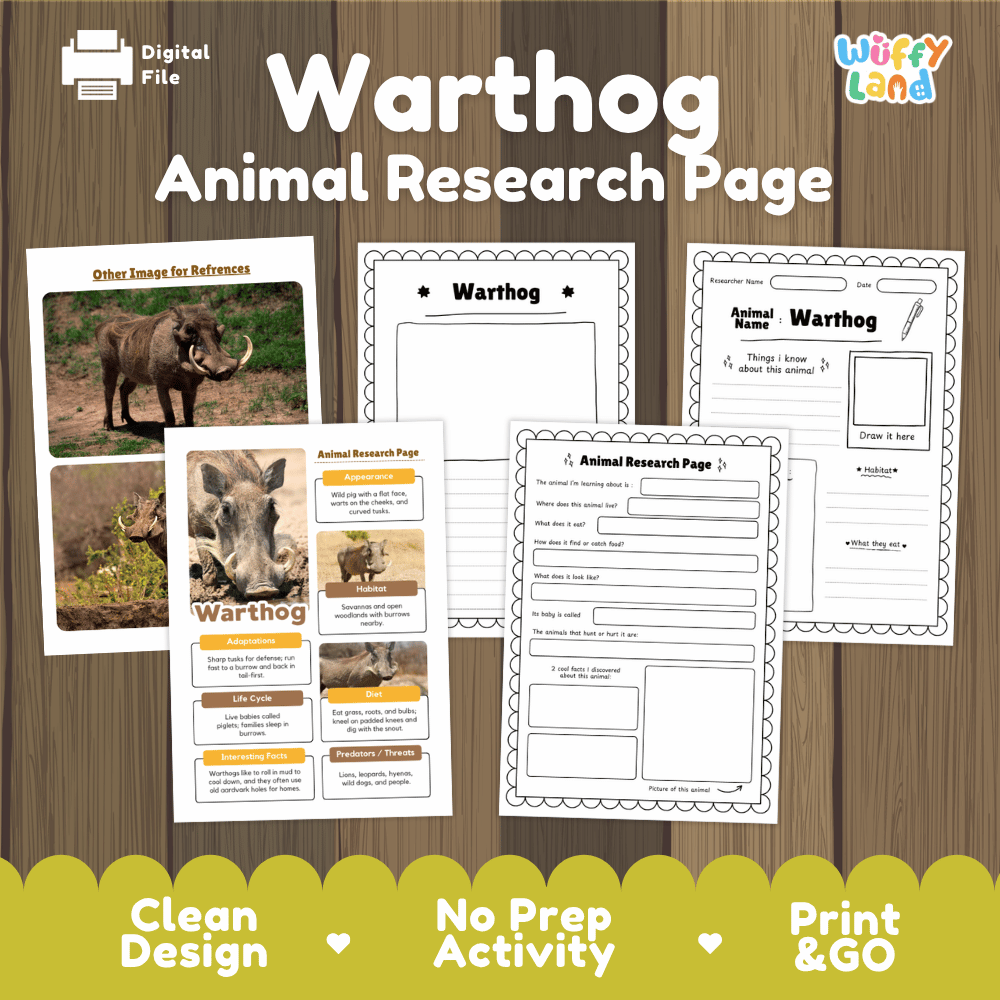 Digital preview of a 'Warthog Animal Research Page' activity sheet set by Wiffly Land, displayed on a wood-grain background with feature badges at the bottom.