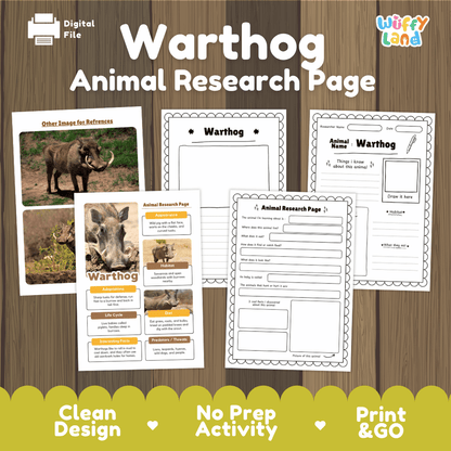Digital preview of a 'Warthog Animal Research Page' activity sheet set by Wiffly Land, displayed on a wood-grain background with feature badges at the bottom.