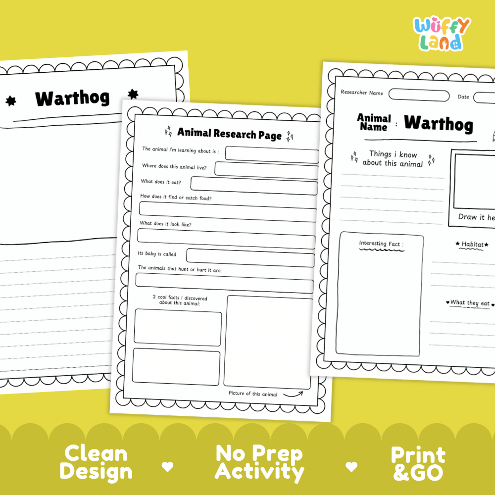 Three printable worksheet pages about the warthog animal displayed on a bright yellow background, with marketing text along the bottom reading 'Clean Design', 'No Prep Activity', and 'Print & GO'. The pages are white with black text and border details, and the top-right logo reads 'Wiffy Land'.