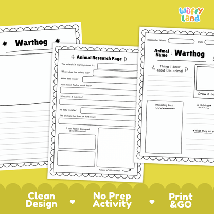 Three printable worksheet pages about the warthog animal displayed on a bright yellow background, with marketing text along the bottom reading 'Clean Design', 'No Prep Activity', and 'Print & GO'. The pages are white with black text and border details, and the top-right logo reads 'Wiffy Land'.