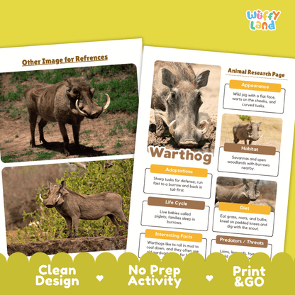Two printed educational activity sheets about warthogs displayed on a bright yellow background. The sheets include labeled sections such as appearance, habitat, adaptations, life cycle, diet, and interesting facts, with photos of warthogs and the brand name 'Wiffly Land' at the top right.