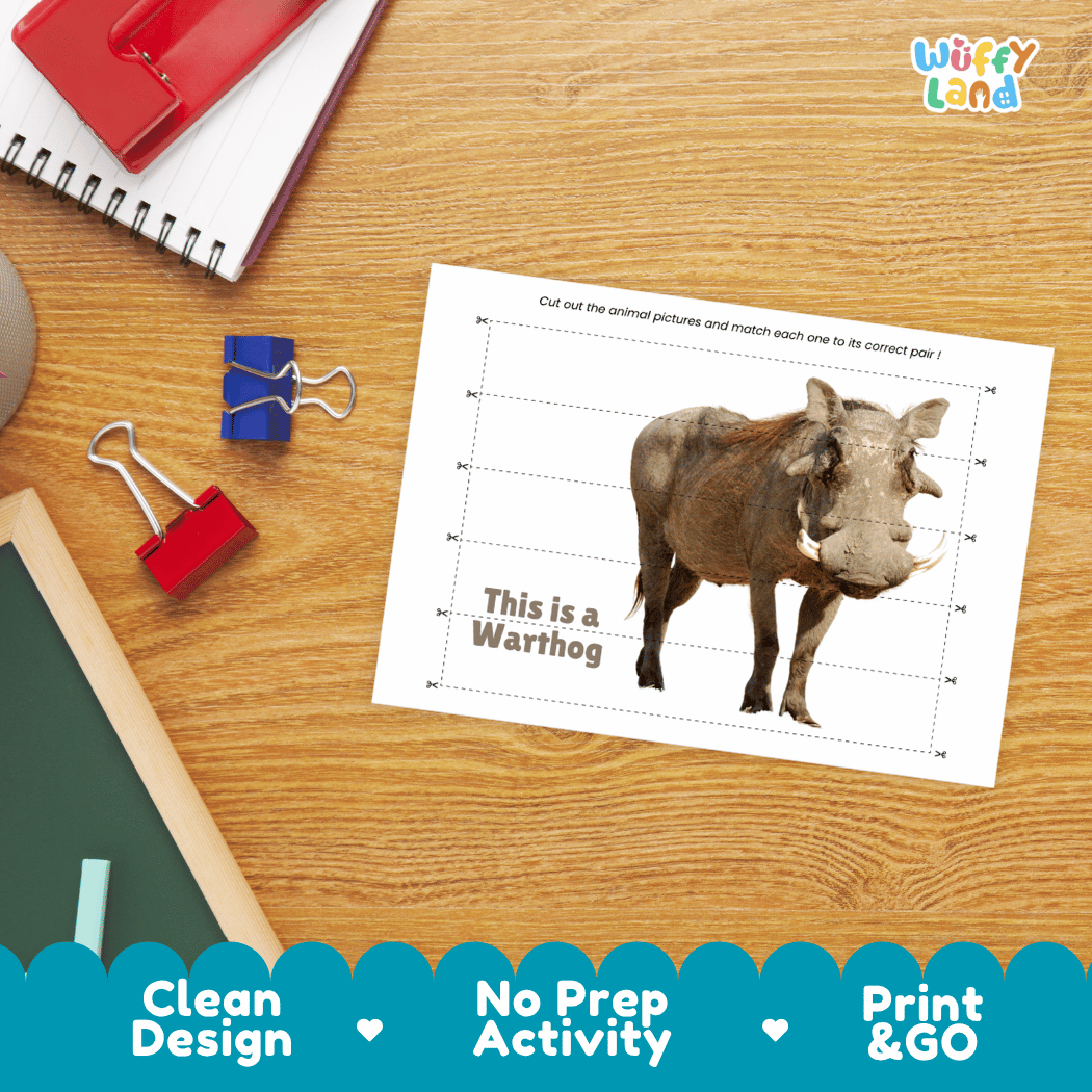 Warthog Cut and Match Activity Worksheets | Safari Animal Puzzle Printables