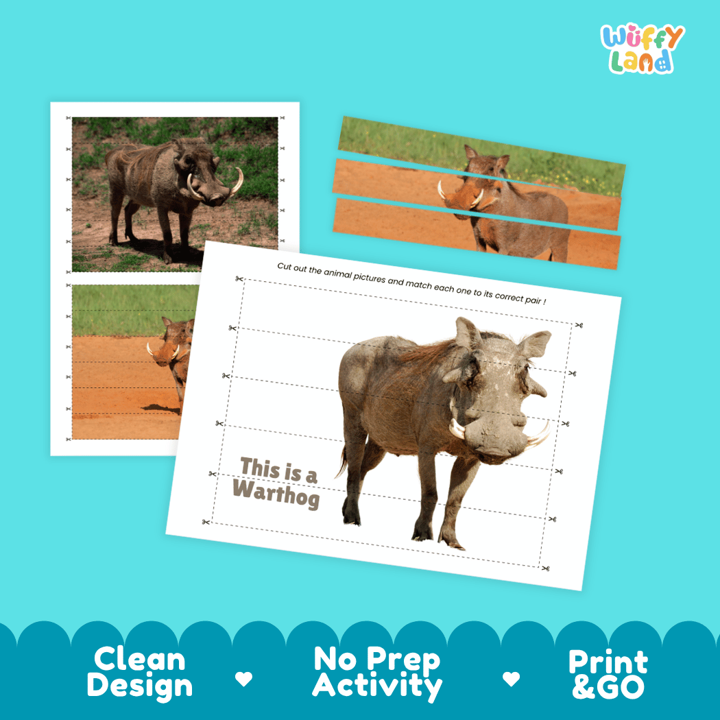 Warthog Cut and Match Activity Worksheets | Safari Animal Puzzle Printables