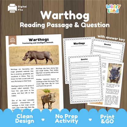 Warthog Reading Passage and Comprehension Questions Worksheets
