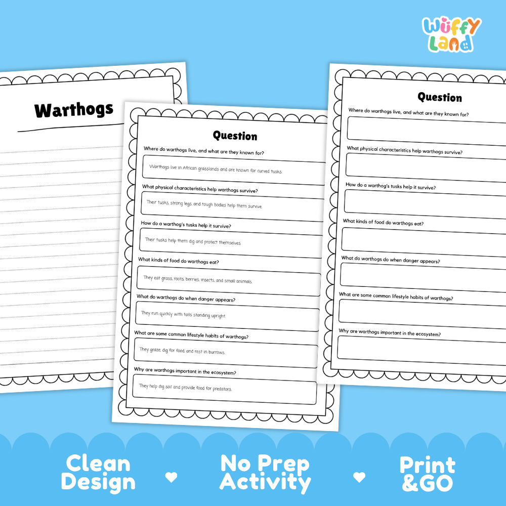 Warthog Reading Passage and Comprehension Questions Worksheets