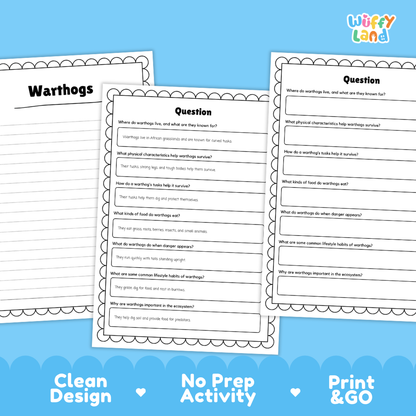 Warthog Reading Passage and Comprehension Questions Worksheets