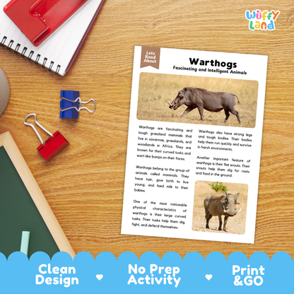 Warthog Reading Passage and Comprehension Questions Worksheets