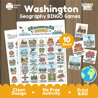 Washington Geography BINGO Game Evergreen State Activity Printable Boards