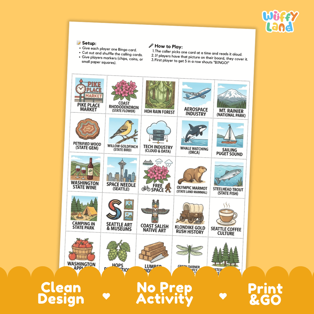 Washington Geography BINGO Game Evergreen State Activity Printable Boards