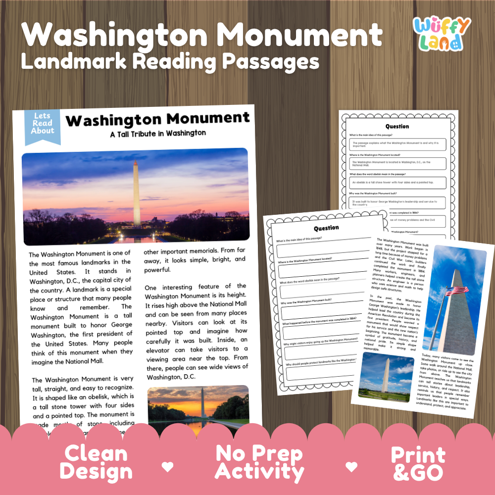 Washington Monument Landmark Reading Passages and Comprehension Questions Worksheets