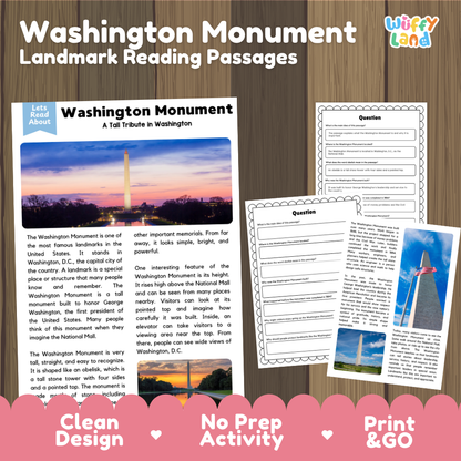 Washington Monument Landmark Reading Passages and Comprehension Questions Worksheets