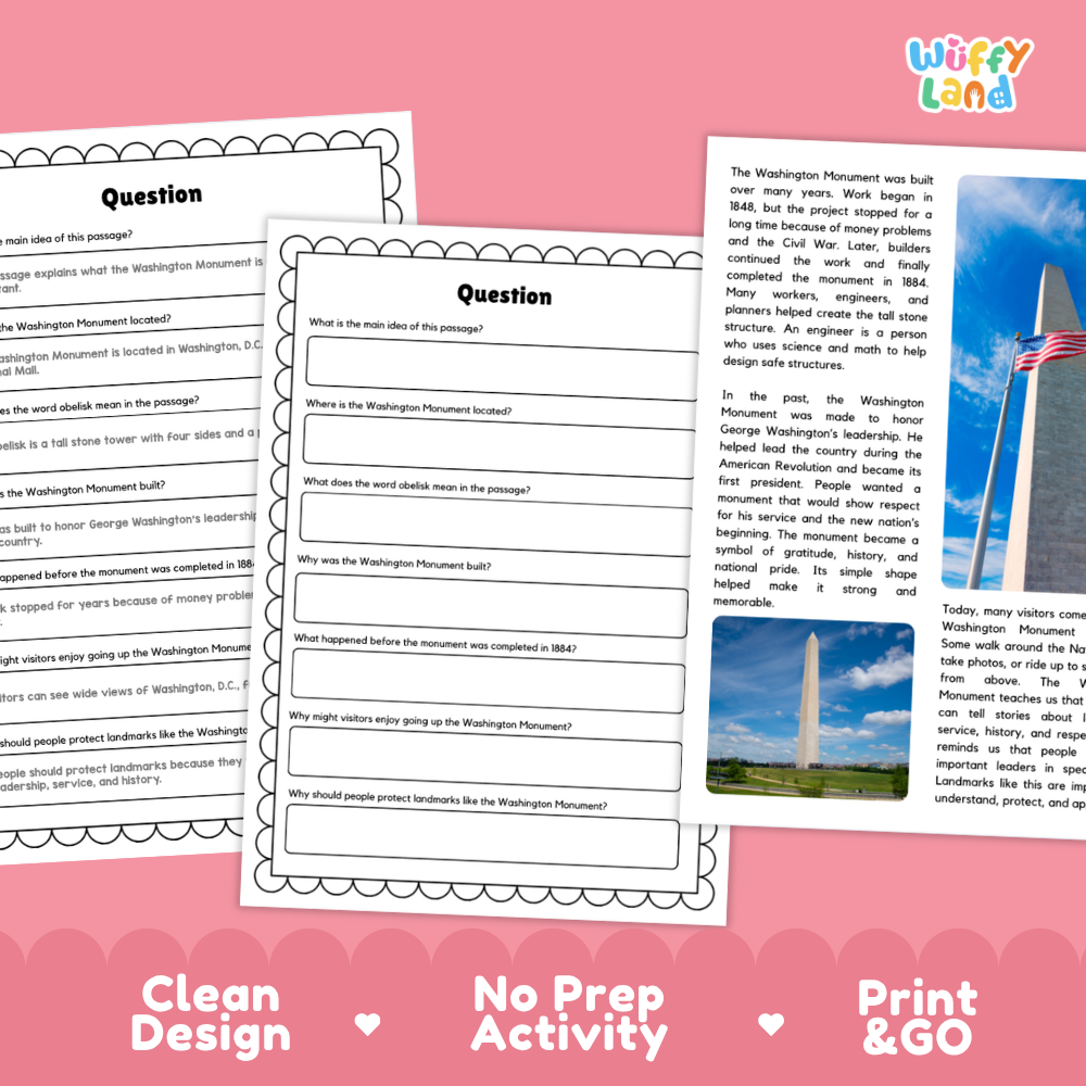 Washington Monument Landmark Reading Passages and Comprehension Questions Worksheets