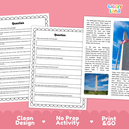 Washington Monument Landmark Reading Passages and Comprehension Questions Worksheets