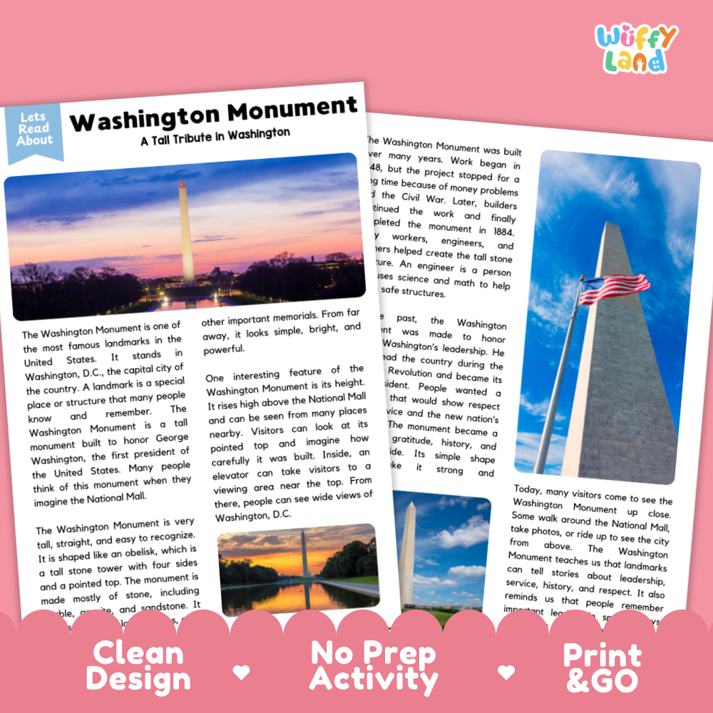 Washington Monument Landmark Reading Passages and Comprehension Questions Worksheets