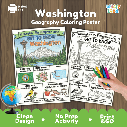 Washington State Geography Coloring Poster and Activity Worksheet