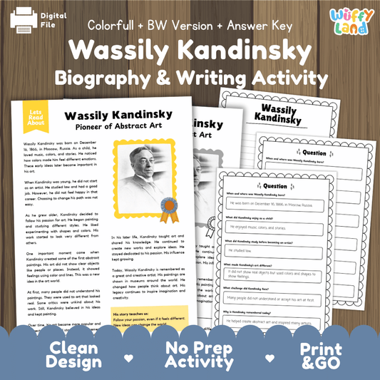 Wassily Kandinsky biography reading comprehension worksheets with nonfiction passage, comprehension questions, writing activity and answer key for students