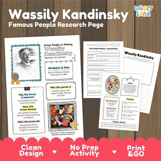 Printable educational worksheet pages titled 'Wassily Kandinsky' for a famous people research page activity, shown on a wood background with promotional text at the bottom.