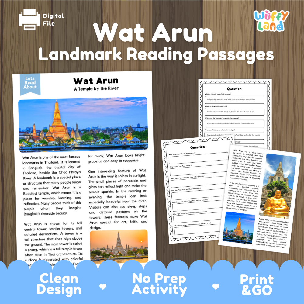 Digital reading activity bundle for Wat Arun in Bangkok, featuring two landscape reading passages and two worksheet pages. The preview is set against a dark wood background with a blue banner at the bottom reading 'Clean Design', 'No Prep Activity', and 'Print & GO'.