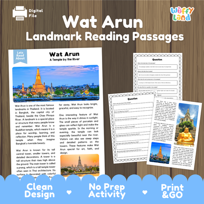 Digital reading activity bundle for Wat Arun in Bangkok, featuring two landscape reading passages and two worksheet pages. The preview is set against a dark wood background with a blue banner at the bottom reading 'Clean Design', 'No Prep Activity', and 'Print & GO'.