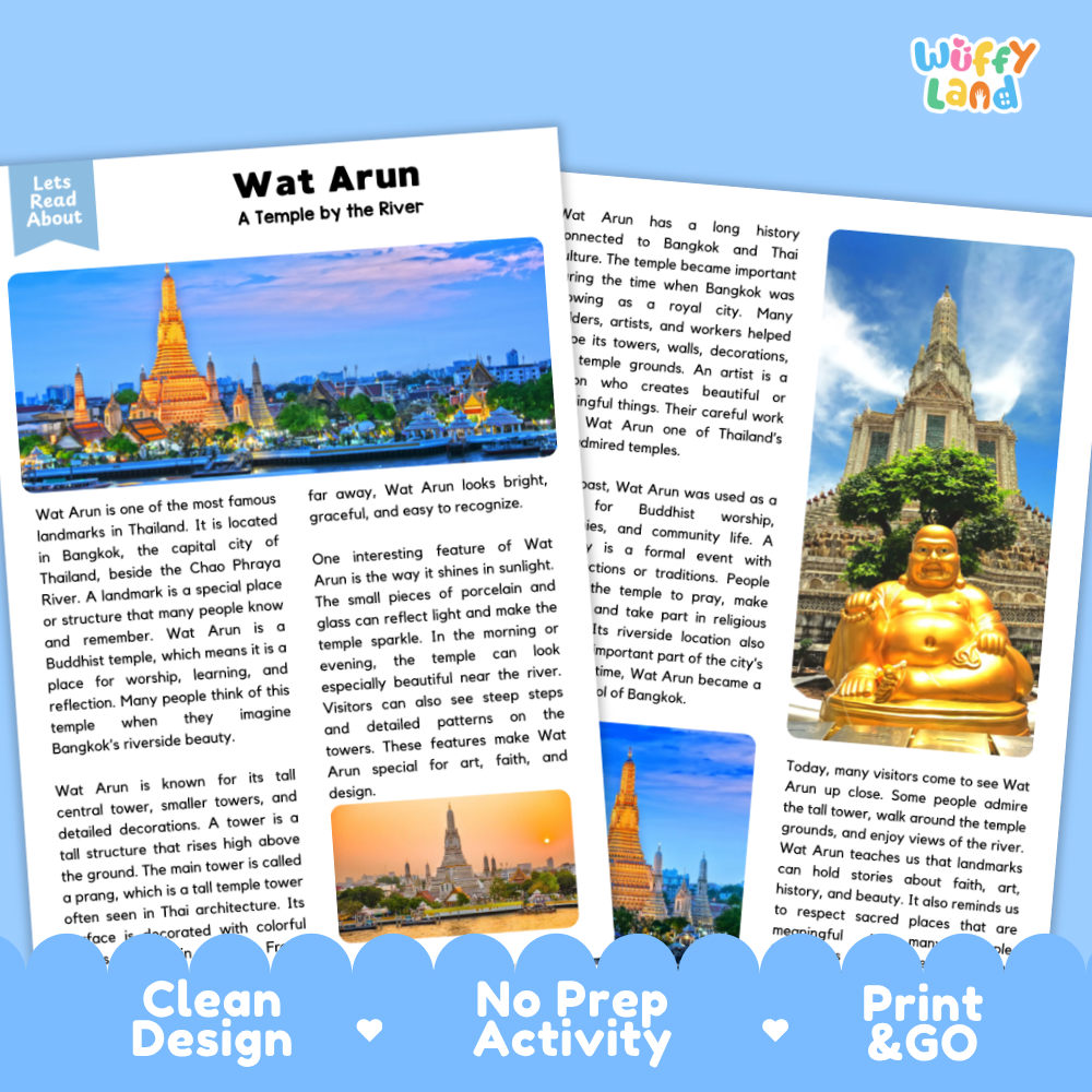 Two printed activity sheets for a children's reading activity about Wat Arun in Bangkok, shown on a white background with a blue 'Wuffly Land' logo at the top. The sheets include a photo of the temple, text, and design elements such as 'Clean Design', 'No Prep Activity', and 'Print & Go'.