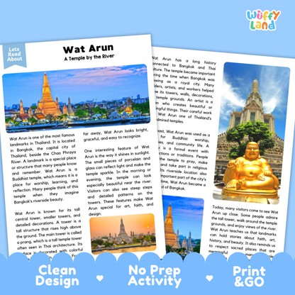 Two printed activity sheets for a children's reading activity about Wat Arun in Bangkok, shown on a white background with a blue 'Wuffly Land' logo at the top. The sheets include a photo of the temple, text, and design elements such as 'Clean Design', 'No Prep Activity', and 'Print & Go'.