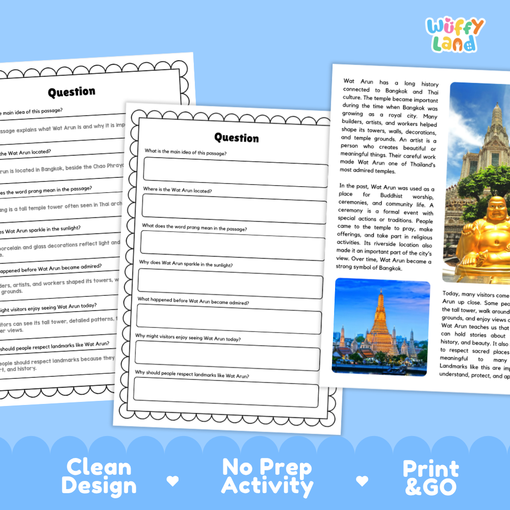 Three printable educational worksheet pages about Wat Arun in Bangkok are shown on a white background with a blue decorative banner at the bottom. The sheets include a travel poster, a question page, and a short text activity.
