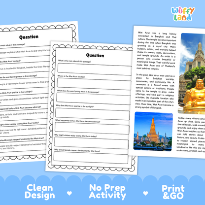 Three printable educational worksheet pages about Wat Arun in Bangkok are shown on a white background with a blue decorative banner at the bottom. The sheets include a travel poster, a question page, and a short text activity.