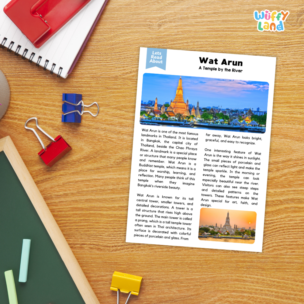 A printed travel-style informational card about Wat Arun laid on a wooden desk, surrounded by school supplies including a red notebook, blue binder clips, a green folder, and binder clips. The card has a headline 'Wat Arun' and a small scenic photo of the temple.