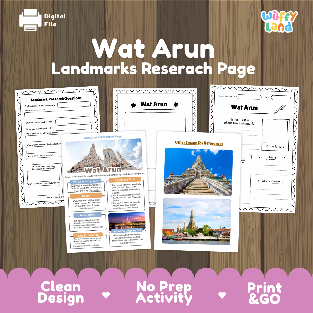 A digital preview of a Wat Arun landmarks research page activity sheet set, displayed on a brown wood background with a pink banner at the bottom. The sheets show printed layout examples with images of the temple and text fields for research questions and notes.