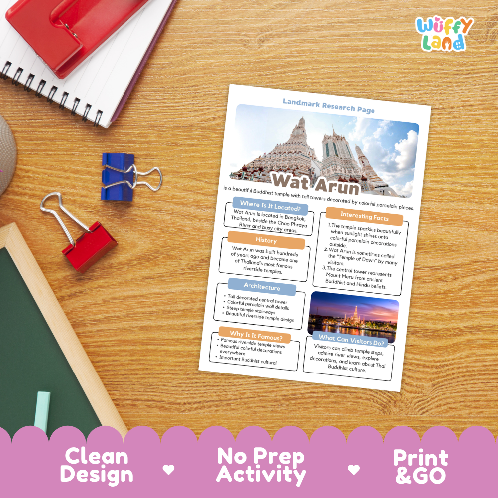 A printed 'Landmark Research Page' about Wat Arun laid flat on a wooden desk, surrounded by school supplies like a spiral notebook, binder clips, and a red folder. The page has a colorful layout with a large temple photo at the top and text sections below.