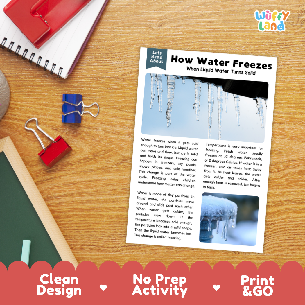 Printable student worksheet with short-answer reading comprehension questions covering freezing and states of matter