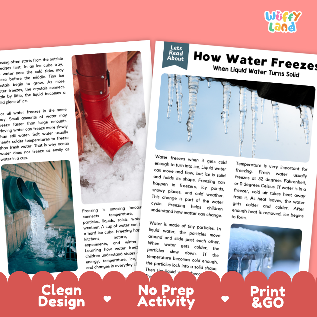 Complete teacher answer key worksheet providing detailed model responses for water freezing comprehension questions