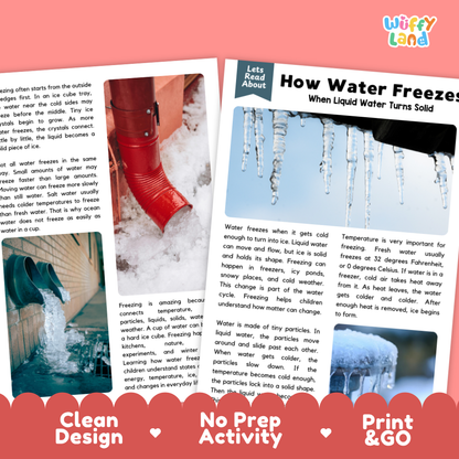 Complete teacher answer key worksheet providing detailed model responses for water freezing comprehension questions
