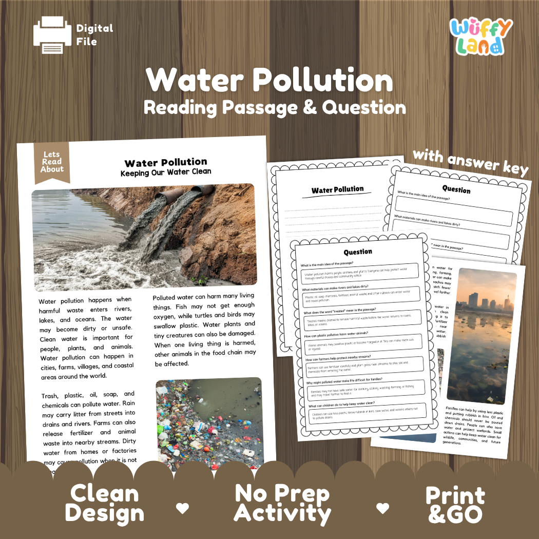 Water Pollution reading comprehension passage and questions printable activity pack with answer key for elementary students