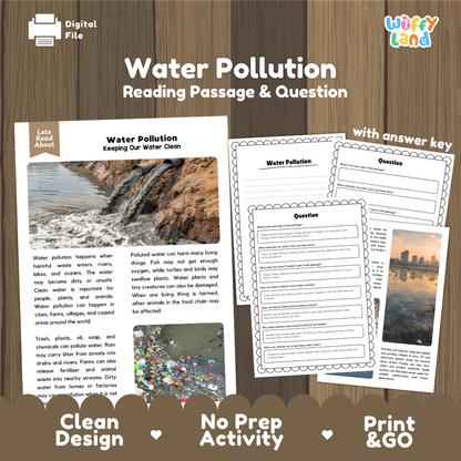 Water Pollution reading comprehension passage and questions printable activity pack with answer key for elementary students