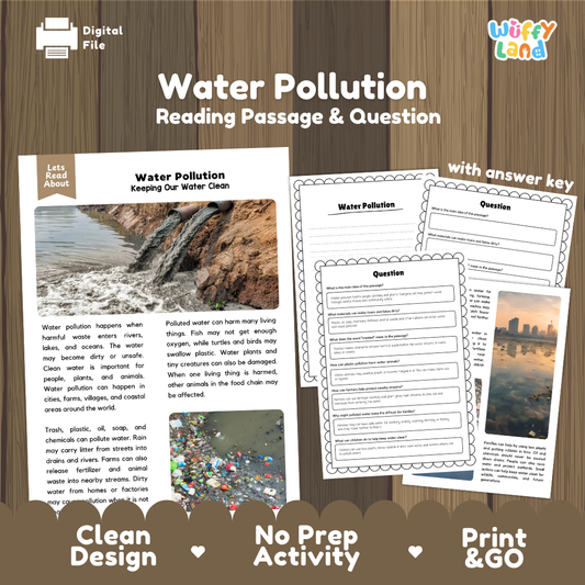 Water Pollution reading comprehension passage and questions printable activity pack with answer key for elementary students